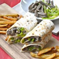Philly Cheese Steak Wrap · Served with onions. Deluxe platter served with french fries or house salad.