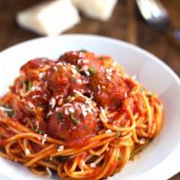 Spaghetti with Meatballs · Served with salad, bread and Parmesan cheese and choice of pasta.
