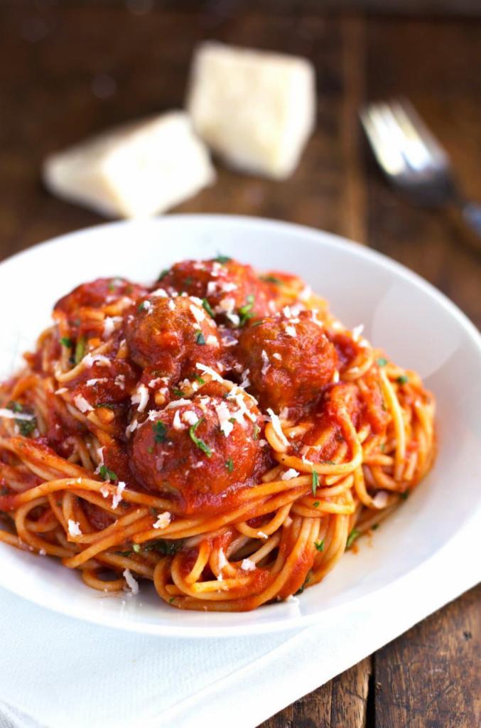 Spaghetti with Meatballs · Served with salad, bread and Parmesan cheese and choice of pasta.