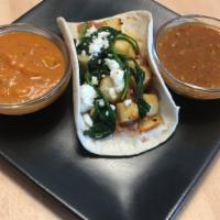Bean, Potato, Spinach and Cheese Tacos · Creamy black beans, seasoned cubed potato, sautéed spinach, topped with queso fresco in a wa...