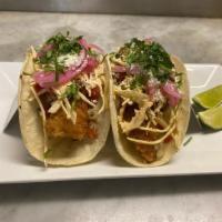 Fish Tacos · Beer Battered Cod, Pico de Gallo, Cotija, Chipotle Slaw, Pickled Onion