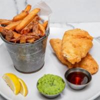 Fish & Chips · Beer Battered Cod, Fries, Sauteed Spinach, Coleslaw, House Tartar, Malt Vinegar