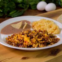 Chorizo Con Huevo Combo · Eggs scrambled with chorizo dry-cured sausage, rice, and beans and a side of tortillas.
