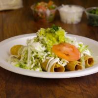 Flautas · 3 rolled fried tacos with shredded beef or chicken. They are prepared with lettuce, sour cre...