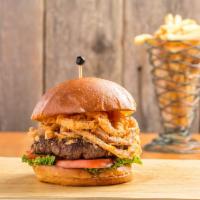 Bleu Burger · 1/3 lb. burger with fried onions, bleu cheese crumbles, au jus, lettuce, tomato, red onion a...