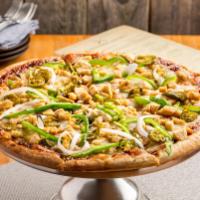BBQ Chicken Pizza · Tangy BBQ sauce, buffalo mozzarella, roasted organic chicken breast, green bell peppers, red...