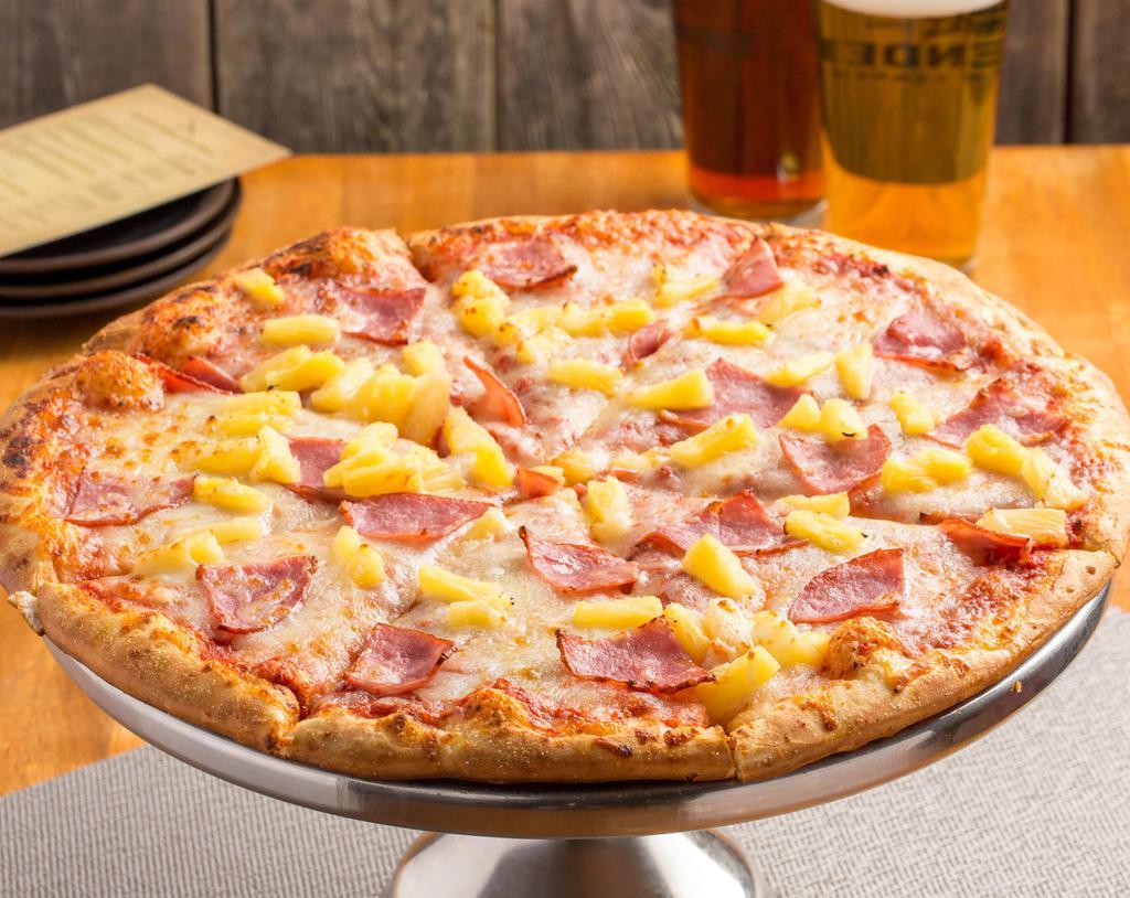 Hawaiian Pizza · 14” hand stretched dough topped with homemade sauce and whole Milk mozzarella, canadian bacon and pineapple.