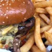 Philly Burger · Onions, Mushrooms, Peppers, Melted Cheese serve with French Fries