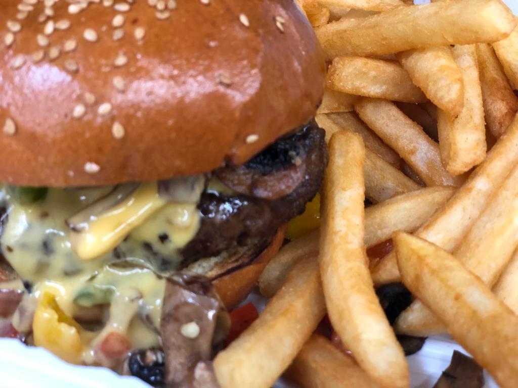 Philly Burger · Onions, Mushrooms, Peppers, Melted Cheese serve with French Fries
