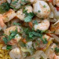 Grilled Seafood · Baby shrimp, scallops, peppers, red onion and mustard sauce over rice.