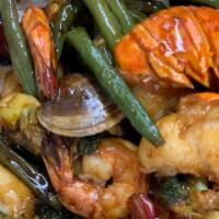 Seafood Teriyaki · Lobster tail, jumbo shrimp, clams, mussels and stir-fried veggies over white rice.