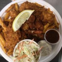 Combo #2 · 2 PC of hand dipped Alaskan cod and clam strips lightly battered fron New Hampshire and tot'...