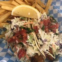 2 Fish Tacos · Hand-dipped Alaskan cod on a corn tortilla with homemade dill ranch topped with coleslaw and...