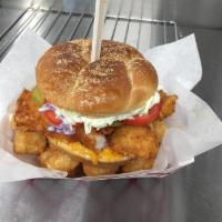 Fish Sandwich · Hand-dipped Alaskan cod on a toasted kaiser bun with tartar or mayo topped with pickles and ...
