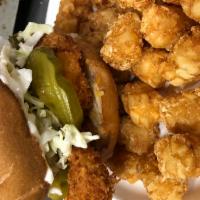 Chicken Sandwich · Chicken on a toasted kaiser bun with tartar or mayo topped with pickles and coleslaw with to...
