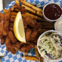 Clam strips · Lightly breaded from New Hampshire with and tots or equivalent  choose tartar or cocktail sa...