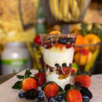 Fruit Parfait · Strawberry, blueberry, banana with homemade yogurt, and granola.