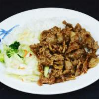 4. Spicy Pork · Sliced pork and pan cook with our special hot sauce over steamed.