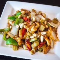 Kung Pao Chicken · Chicken stir-fried with diced celeries, green peppers, onions and chili peppers. Hot and spi...