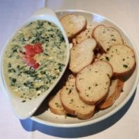 Spinach and Artichoke Dip · Served with toasted bread. Vegetarian.