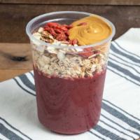 Health Nut Acai Bowl · Acaí, strawberry, blueberry, and banana. Topped with granola, peanut butter, goji berries, ...