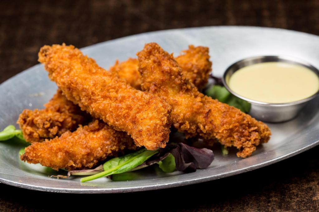 Chicken Fingers · Panko crusted chicken strips, flash-fried, and served with honey mustard