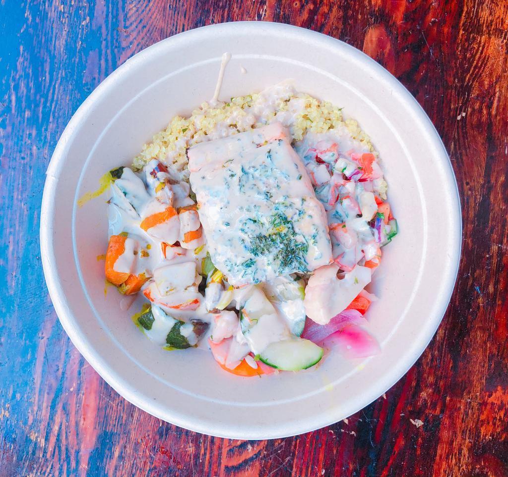 Roasted Salmon Bowl · Herb marinated, roasted salmon served over quinoa with Israeli salad, roasted veggies and Foreverything pickles. GLUTEN FREE