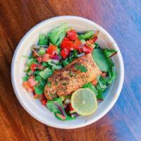 Roasted Salmon Salad · Herb marinated, roasted salmon over mixed spring green salad, Israeli salad and Foreverythin...