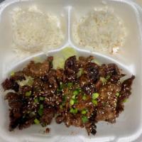 Teri Beef Plate · Thinly sliced beef marinated in a house made teriyaki sauce. Comes with 2 scoops white rice ...