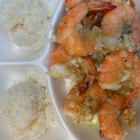 Garlic Shrimp Plate · Hawaiian style buttery garlic shrimp. Comes with 2 scoops white rice and a side of potato ma...