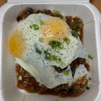 Loco Moco Plate · Homestyle hamburger patty, homemade brown gravy and 2 eggs sunny-side up. Comes with 2 scoop...