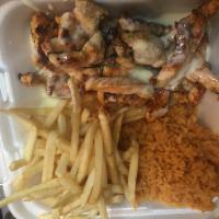 15. Pollo Loco · Grilled chicken with rice, fries and cheese dip.