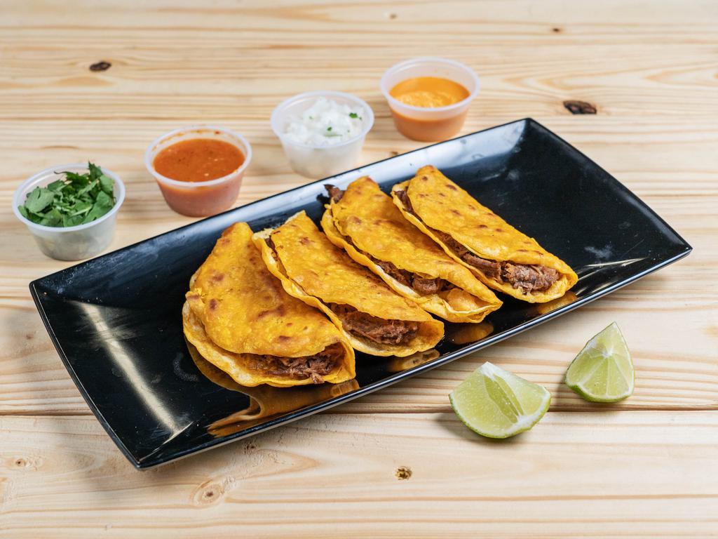 Crispy Birria Taco (4) · Crispy corn tortilla with barria. Add cheese for an additional charge.