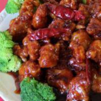General Tso Chicken · Served with broccoli. Hot and spicy,dark meat.
