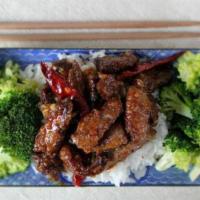 Crispy Orange Beef · Served with broccoli. Hot and spicy.
