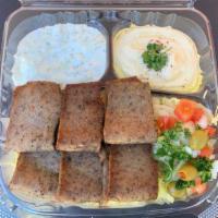 Lamb Plate · Lamb, rice, salad , hummus, taziki, garlic sauce, hot sauce