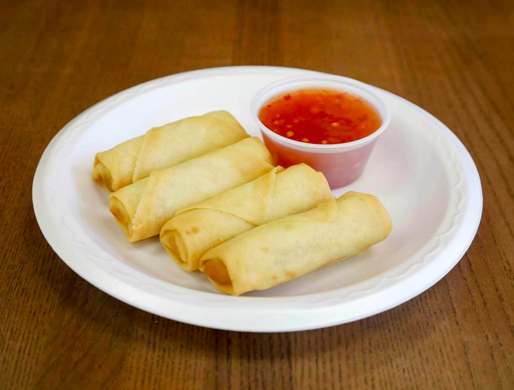 1. Thai Veggie Spring Rolls · 4 pieces. Crispy fried Thai vegetable spring rolls served with sweet chili sauce.