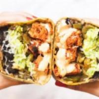 Buffalo Chicken Tender Burrito · Served with lettuce, rice, black beans, cheddar cheese, guacamole, salsa, and sour cream.