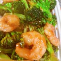 90. Shrimp with Broccoli · With white rice.