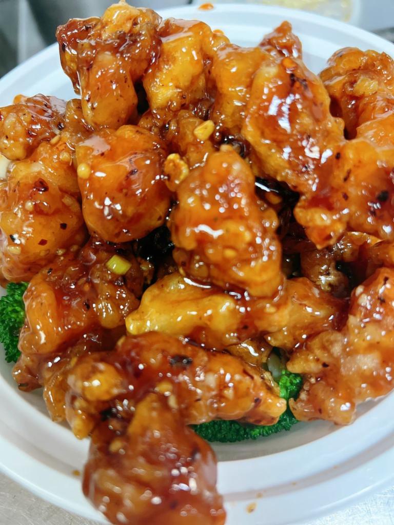 H2. General Tso's Chicken · Chunk of tender chicken meat, slightly fried and breaded, cooked with brown spicy sauce and circled with steamed broccoli. With white rice. Hot and spicy.