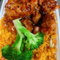 C23. General Tso's Chicken Combo Plate · With pork fried rice and egg roll. Hot and spicy.