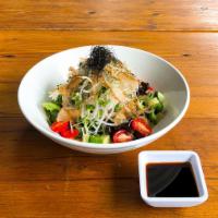 Daikon Salad · Spring mix with julienned daikon, shiso leaves, kaiware, cherry tomatoes, sprinkled with bab...