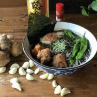 Kuro Shio Ramen · Light, salt-based chicken broth infused with yuzu and togarashi. Served with kara-age, poach...