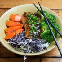 Salmon Teriyaki · Salmon glazed with house teriyaki. Served with broccoli and carrots, sprinkled with sesame s...