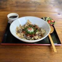 Kimchi Hot Soba · Soba noodle served with sautéed kimchi. Topped with bonito flakes, poached egg and scallions...