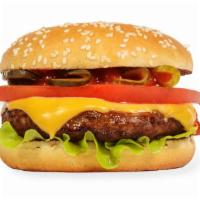 Cheeseburger · Juicy beef patty, creamy cheese, lettuce, and tomatoes on a fresh bun.