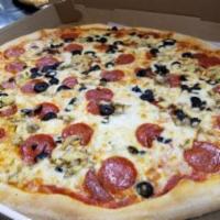 Pizza Delight · Black olives, mushrooms and pepperoni.