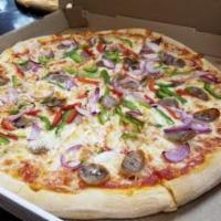 Lucky Special Pizza · Sausage, pepperoni, onions and green peppers.