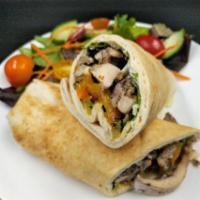 Roasted Vegetable Burrito · Stuffed with yellow lime rice, black beans, shredded cheddar and jack cheese and pico de gal...