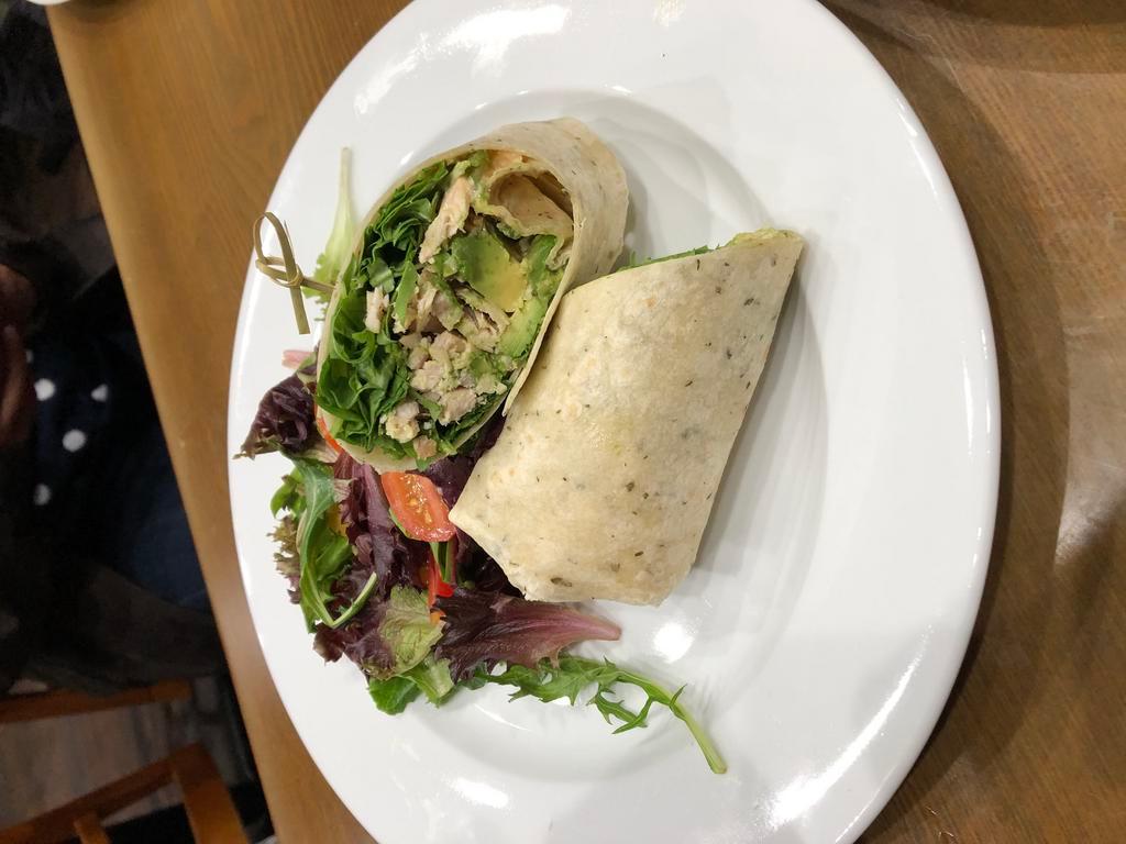 Chicken Wrap · Sriracha mayonnaise, lettuce, tomato, and cheddar cheese. Served with side salad.